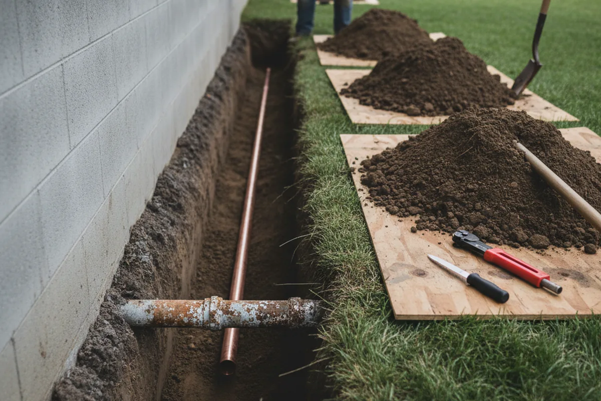 Excavated water line trench during Water Heater Repair in Finksburg